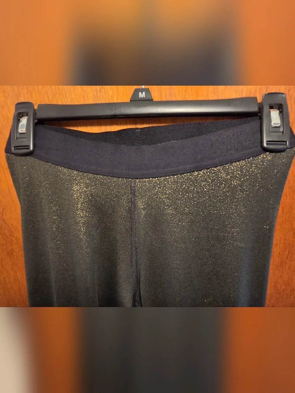 Nike Dri-Fit Leggings Black Gold Glitter Mid Rise Gel Swoosh Capri SzM